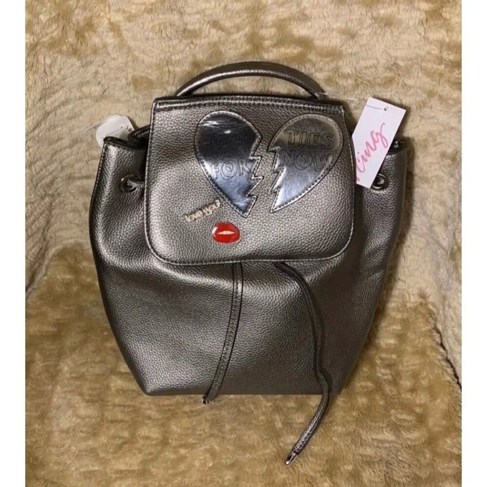 Icing Silver Grey Pins & Patches Casual Faux Leather Mini Backpack Bag NEW